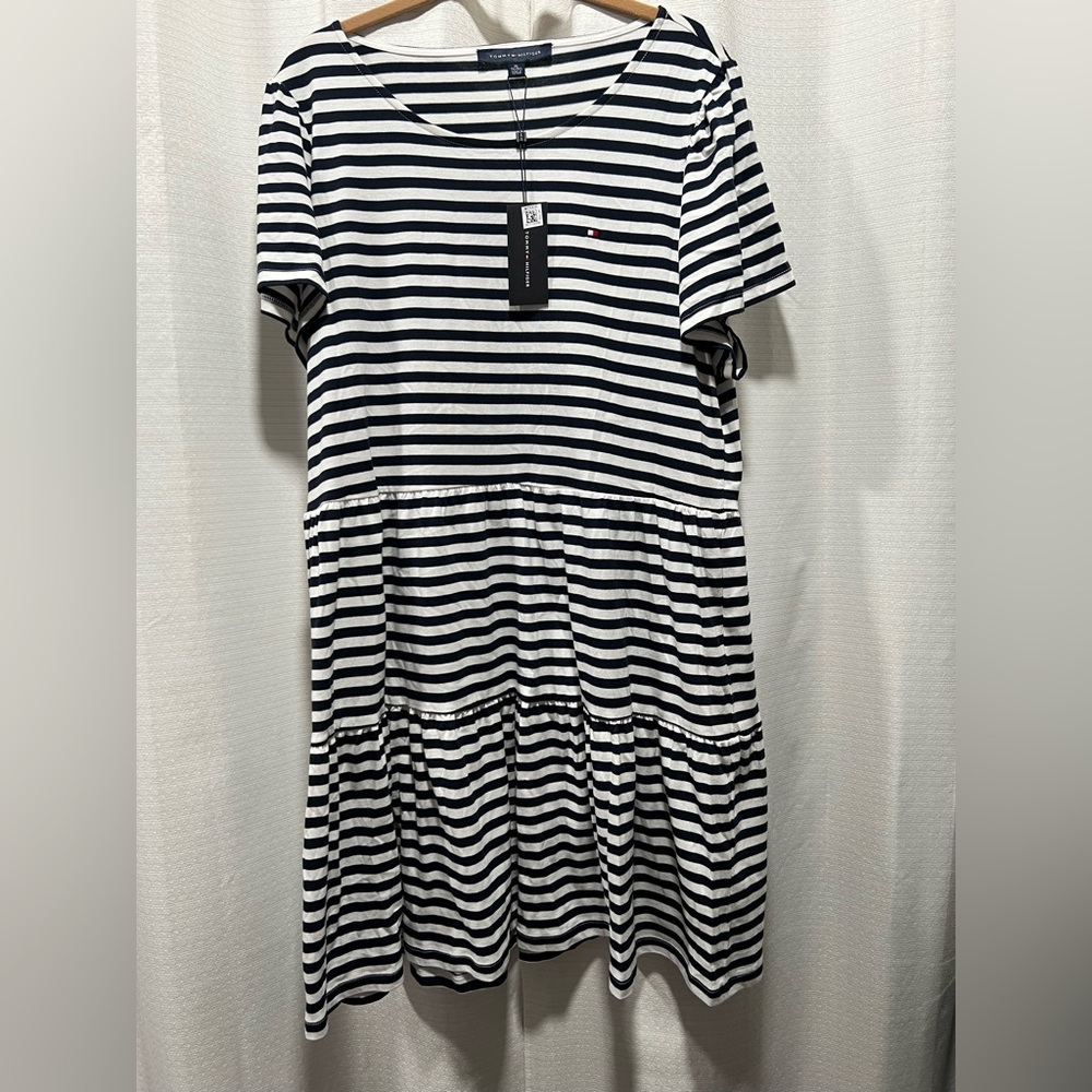 Tommy Hilfiger Dark Blue and White Striped Tiered Dress Size